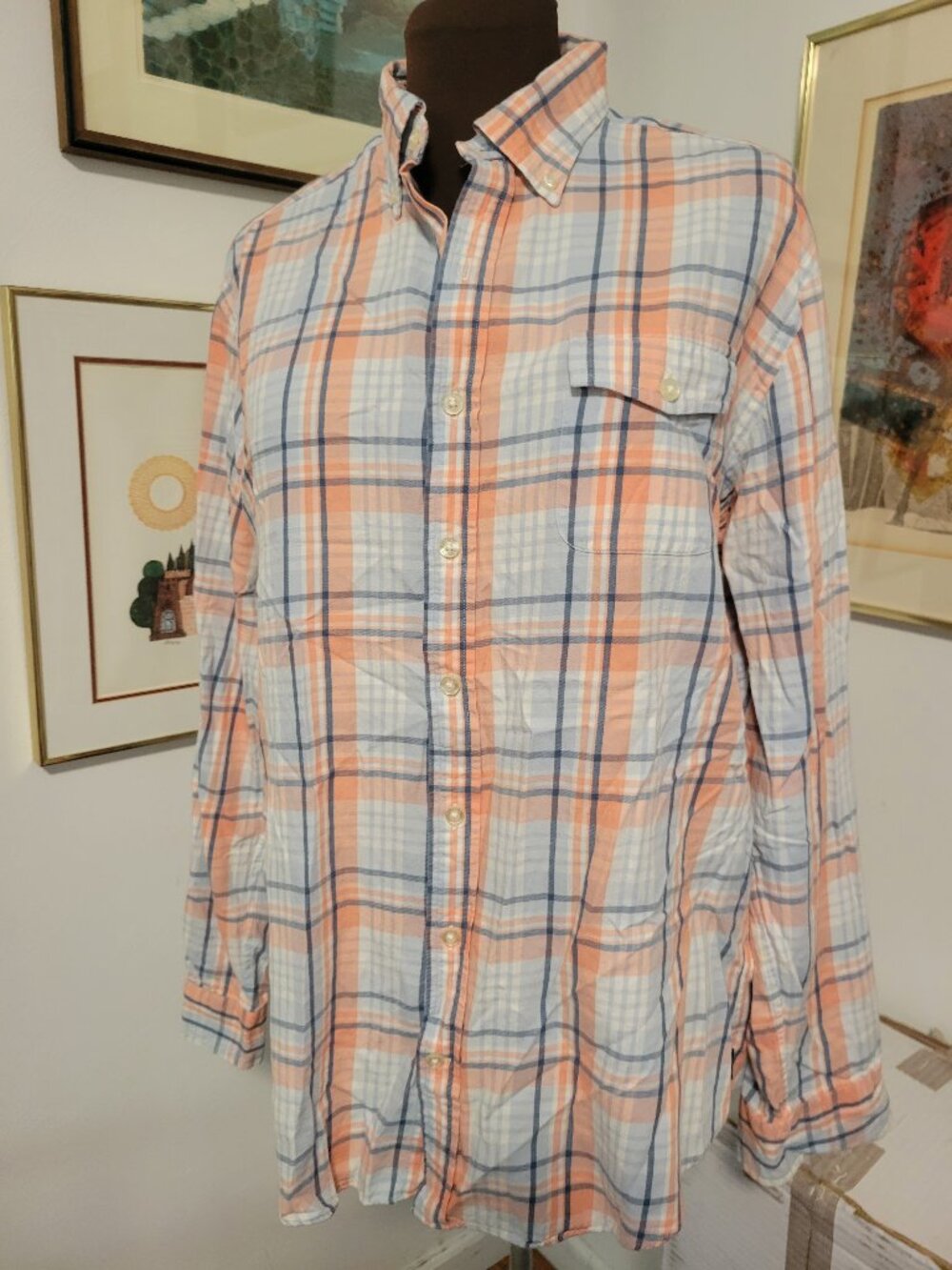 Men's Vineyard Vines Peach Plaid Casual Shirt Size L